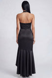 Halter Black Mermaid Satin Ruffled Long Formal Dress