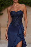 Strapless Navy Sequin Ruffled Evening Dress with Slit