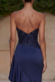 Strapless Navy Sequin Ruffled Evening Dress with Slit