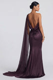 One Shoulder Cabernet Mermaid Blackless Formal Dress with Side Streamer