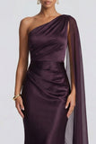 One Shoulder Cabernet Mermaid Blackless Formal Dress with Side Streamer