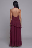 Halter Burgundy Cut Out Ruffled Formal Dress with Slit