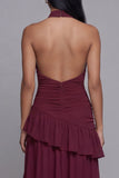 Halter Burgundy Cut Out Ruffled Formal Dress with Slit