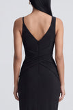 Black V Neck Sheath Formal Dress with Slit