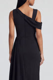 Black Sheath Asymmetrical Neck Formal Dress with Streamer