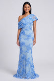 Yellow Mermaid Asymmetrical Neck Formal Dress with Floral Embroidery