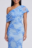 Yellow Mermaid Asymmetrical Neck Formal Dress with Floral Embroidery