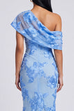 Yellow Mermaid Asymmetrical Neck Formal Dress with Floral Embroidery