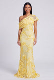 Yellow Mermaid Asymmetrical Neck Formal Dress with Floral Embroidery