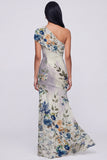 One Shoulder Champagne Long Floral Dress with Slit
