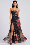 Ivory Strapless Ruched Floral Dress with Slit