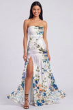 Ivory Strapless Ruched Floral Dress with Slit