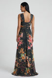 Black Floral Mermaid Square Neck Formal Dress