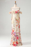Ivory Cold Shoulder Mermaid Floral Formal Dress with Sash