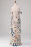 Ivory Cold Shoulder Mermaid Floral Formal Dress with Sash