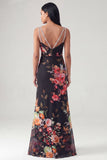 Black Floral V Neck Spaghetti Straps Mermaid Long Formal Dress