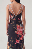 Black Floral V Neck Spaghetti Straps Mermaid Long Formal Dress