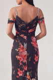 Black Cold Shoulder Floral Mermaid Ruched Formal Dress