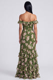 Off the Shoulder Dark Green Tiered Ruffle Floral Dress with Slit