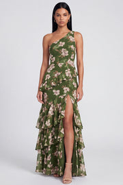 One Shoulder Dark Green Mermaid Tiered Ruffle Floral Dress with Slit