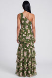 One Shoulder Dark Green Mermaid Tiered Ruffle Floral Dress with Slit