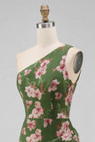 One Shoulder Dark Green Mermaid Tiered Ruffle Floral Dress with Slit