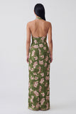 Dark Green Halter Backless Sheath Long Floral Dress