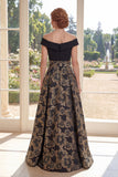 Black A Line Off the Shoulder Jacquard Long Mother Of the Bride Dress with Bow