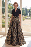 A Line Black V-Neck Jacquard Long Mother Of the Bride Dress with Bow