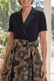 A Line Black V-Neck Jacquard Long Mother Of the Bride Dress with Bow