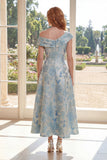 A Line Jacquard Blue One Shoulder Midi Mother Of the Bride Dress