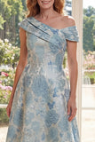 A Line Jacquard Blue One Shoulder Midi Mother Of the Bride Dress