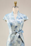 Jacquard Blue High Neck Sheath Long Mother Of the Bride Dress with Slit