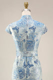 Jacquard Blue High Neck Sheath Long Mother Of the Bride Dress with Slit