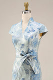 Jacquard Blue High Neck Sheath Long Mother Of the Bride Dress with Slit