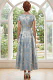A-Line Jacquard Blue Bateau Neck Long Mother Of the Bride Dress with Bow