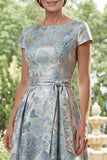 A-Line Jacquard Blue Bateau Neck Long Mother Of the Bride Dress with Bow