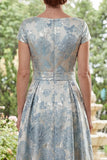A-Line Jacquard Blue Bateau Neck Long Mother Of the Bride Dress with Bow