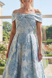 Off the Shoulder A-Line Jacquard Blue Long Mother Of the Bride Dress