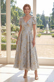 A-Line Dusty Blue V-Neck Jacquard Long Mother Of the Bride Dress with Puff Sleeves