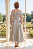 A-Line Dusty Blue Off the Shoulder Jacquard Ruched Long Mother Of the Bride Dress