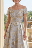 A-Line Dusty Blue Off the Shoulder Jacquard Ruched Long Mother Of the Bride Dress