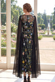 Tulle Black A-Line Embroidered Long Mother Of the Bride Dress with Cape Sleeves