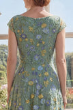 Green A-Line Tulle Embroidered V-Neck Long Mother Of the Bride Dress