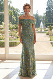 Off the Shoulder Green Mermaid Tulle Embroidered Mother Of the Bride Dress