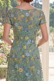 A-Line Green Tulle Bateau Neck Embroidered Mother Of the Bride Dress