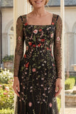 Black A-Line Tulle Square Neck Embroidered Mother Of the Bride Dress