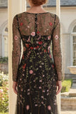 Black A-Line Tulle Square Neck Embroidered Mother Of the Bride Dress