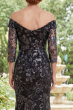Black Mermaid Tulle Off the Shoulder Appliqued Mother Of the Bride Dress with Beading