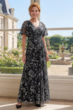 Black Tulle A-Line V-Neck Printed Long Mother Of the Bride Dress